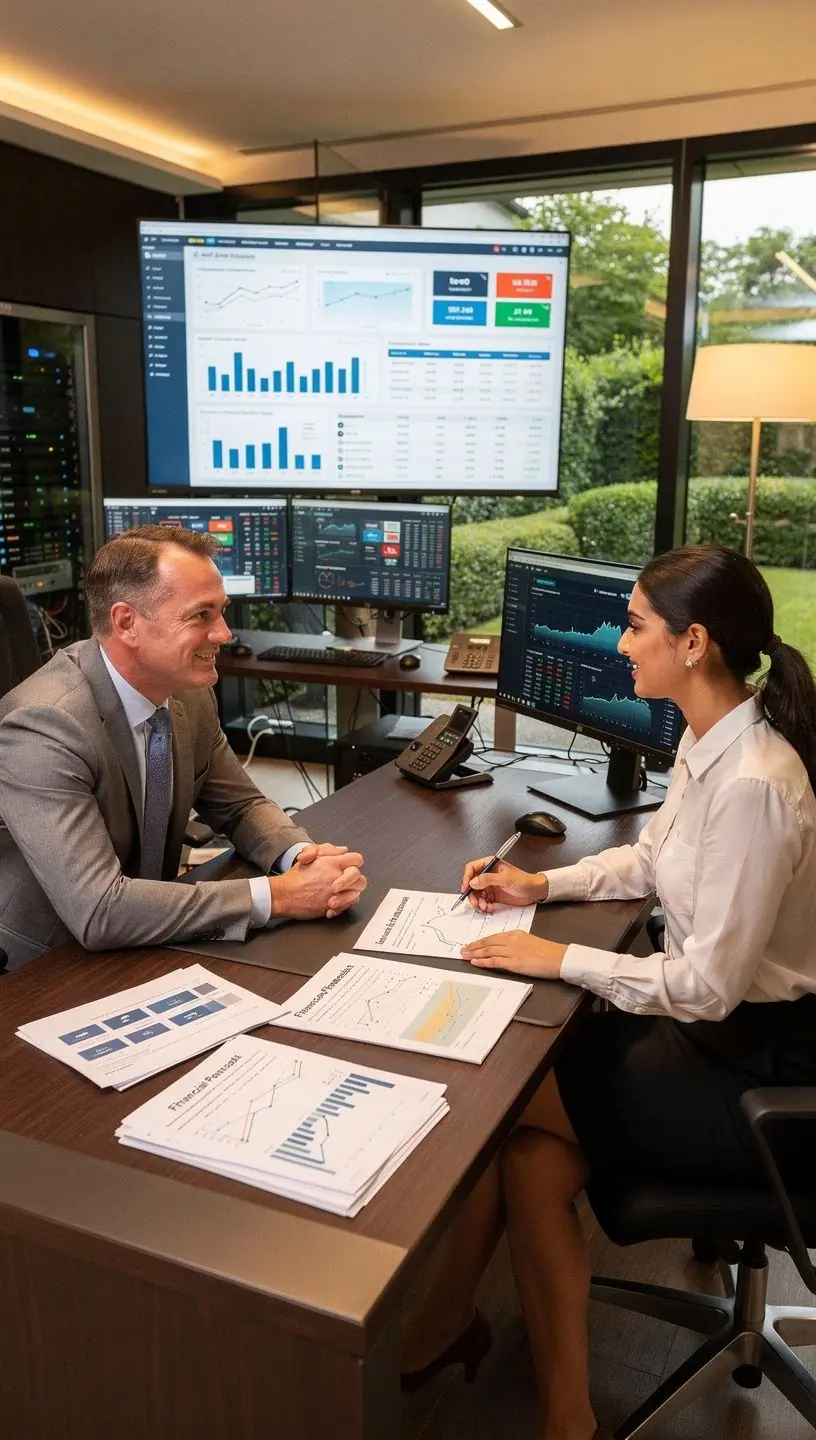 Geschäftsmann analysiert Finanzdiagramme auf Laptop im modernen Büro, symbolisiert industrielle Finanzierung und Unternehmensdarlehen.