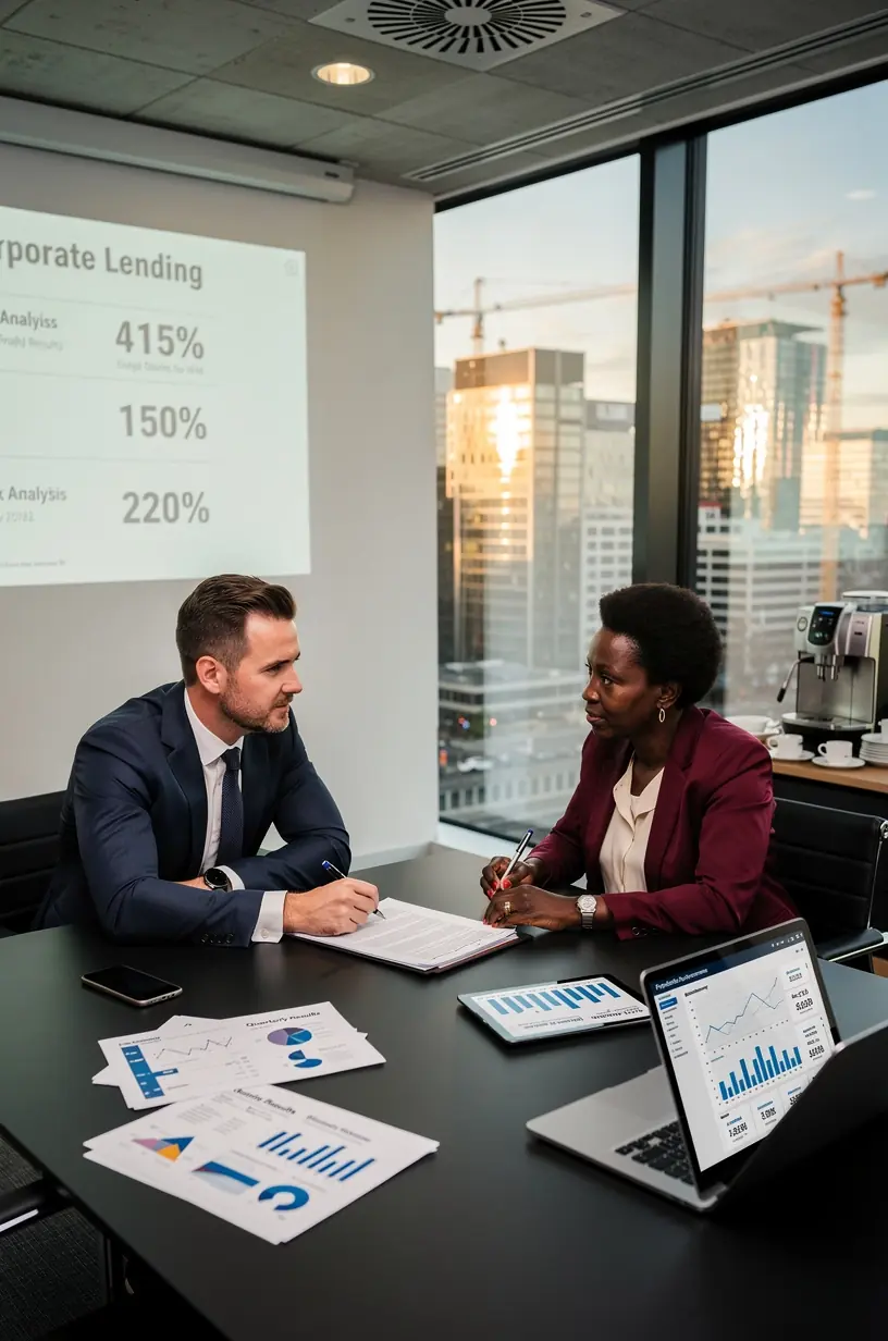 Industrieanlage im Hintergrund, im Vordergrund bespricht ein Team aus Finanzexperten Leasing- und Kreditlösungen für Unternehmen.